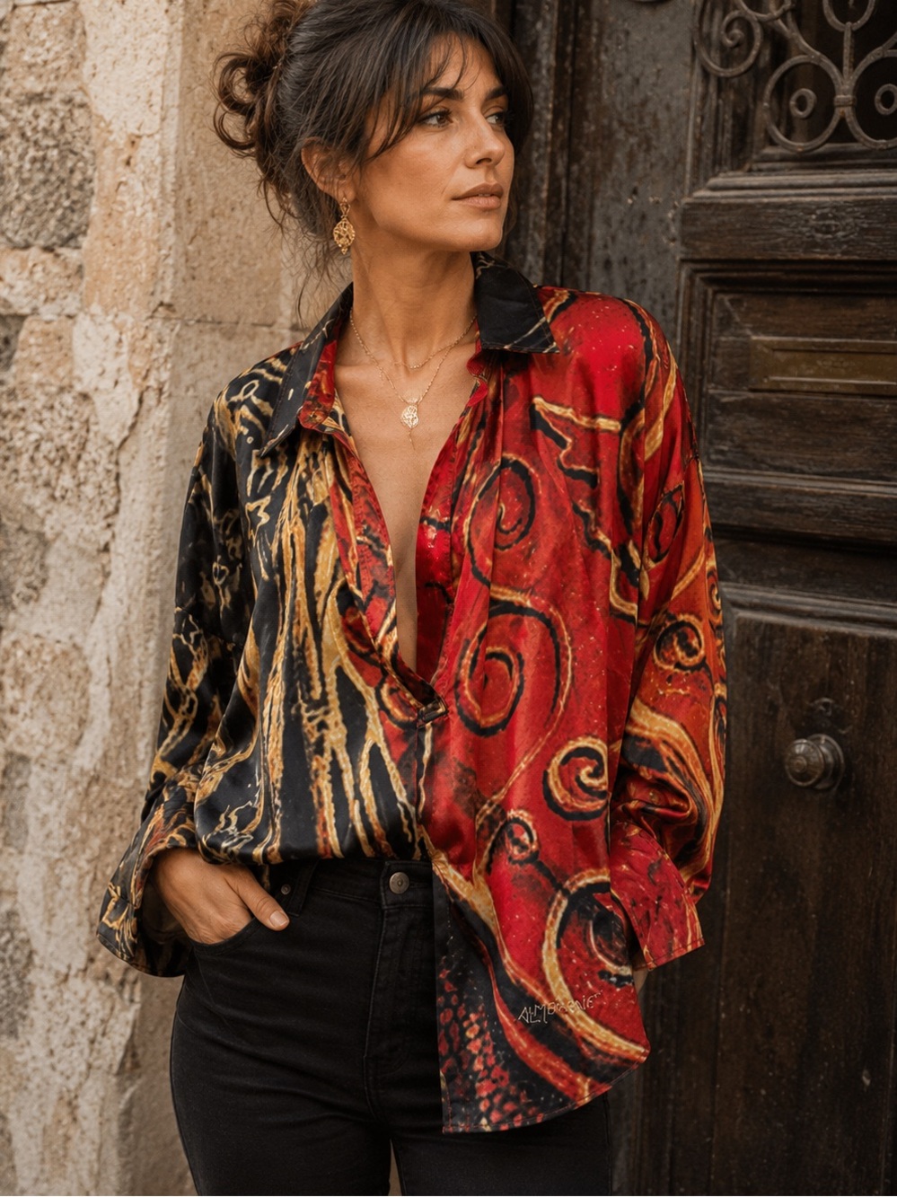 Almeriane 100% Silk Blouse WomensAbstract Boho Red Black Gold Oversized Sz M NWT